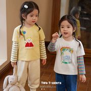 中小童女宝宝假两件长袖t恤女纯棉秋季婴儿百搭儿童上衣T