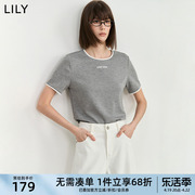 lily2024夏女装(夏女装)美式复古趣味时尚撞色设计感精致绣花休闲t恤