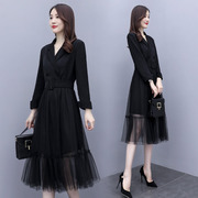 黑色西装连衣裙小香风收腰显瘦时尚减龄气质，秋款长袖拼接网纱裙子