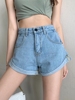 糖果色减龄牛仔短裤女2023夏季韩版高腰，宽松显瘦阔腿卷边热裤