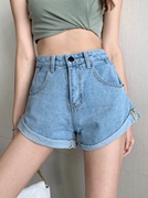 糖果色减龄牛仔短裤女2023夏季韩版高腰宽松显瘦阔腿卷边热裤