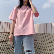 简约粉色t恤女宽松学生，韩版夏季棉质原宿风纯色内搭短袖体恤上衣
