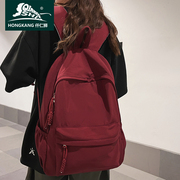 书包女大学生美式校园复古大容量酒红色双肩包上课通勤宽肩带背包