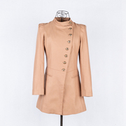 秋季非对称布同立领粉红色，驼色长袖修身型中长单排扣羊毛，大衣外套