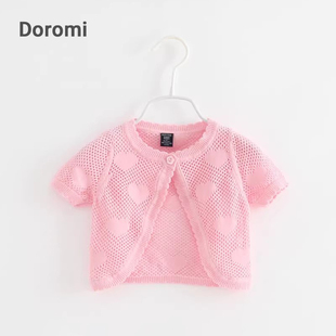 女童针织短袖开衫夏季婴幼儿小宝宝纯棉粉色爱心镂空空调衫外套搭
