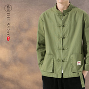 中国风秋冬立领盘扣，长袖衬衫外套宽松大码国潮新中式唐装军绿色