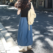 艺野系复古蓝色半身裙，女日式工装裙小个子气球裙，高腰a字花苞裙