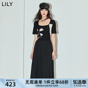 LILY2024夏女装浪漫复古气质方领针织拼接高腰连衣裙小黑裙女