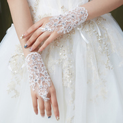 速发韩式简约婚纱礼服，手套新娘短款蕾丝绑带白色，演出亮片红色手套