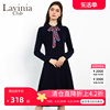 Lavinia Club拉维妮娅初春季藏蓝色印花飘带针织连衣裙女士职业装