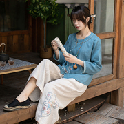 远镇 春季衬衫复古中国风长袖亚麻上衣T恤中式女装民族风刺绣茶服