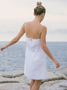海边度假棉麻吊带裙，短款露背女夏季性感，中裙一字领亚麻连衣裙子