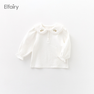 elfairy女童打底衫宝宝t恤春装，婴儿翻领上衣儿童白色衬衣春秋款棉