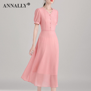Annally夏装优雅淑女气质修身粉红色印花褶皱雪纺连衣裙