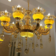 欧式客厅玉石水晶吊灯蜡烛灯别墅，复式楼奢华灯饰天然真黄龙玉灯具