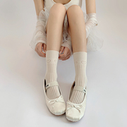 夜间教习室白色中筒袜女夏季薄款爱心竖条镂空蕾丝袜子学生jk长筒
