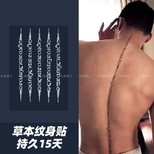 脊梁草本纹身贴男人后背手臂刺青 线条 梵文 脊椎贴画持久脊柱