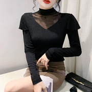 黑色网纱t恤女长袖性感亮丝立领，上衣洋气修身透气减龄百搭打底衫