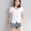 白色纯棉v领短袖t恤女设计感小众，夏季纯色修身不规则下摆体恤