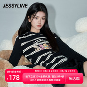 杰茜莱黑白条纹显瘦卡通长袖，t恤女春秋季休闲上衣jessyline