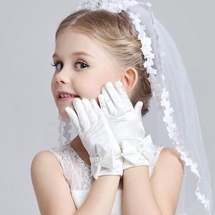 女童原创公主手套儿童礼服配件，小伴娘婚纱手套花童蝴蝶结短款分指