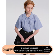 designerplus蓝色短袖衬衫，女夏慵懒风小个子，衬衣设计感休闲上衣
