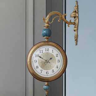 欧式镀铜客厅静音双面挂钟美式复古陶瓷，双面钟个性(钟，个性)创意实木两面钟