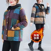 格子棉服女冬加绒加厚保暖外套2023年羊羔，毛拼接连帽短款棉衣