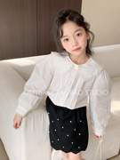 女童白色花边长袖衬衫，2024春夏款韩国儿童，韩版翻领纯色娃娃衫上衣
