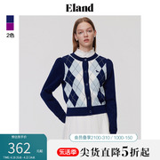 Eland衣恋针织开衫圆领短款格纹修身复古学院风毛衣春秋款