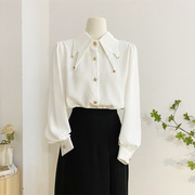 法式高级感白色长袖衬衫，女2024春设计感通勤气质尖领雪纺长袖上衣