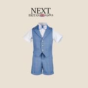 英国NEXT男童夏季套装背带裤礼服加大短袖衬衫胖宝宝中大童演出服