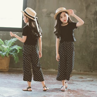 女童5时髦夏装2021圆点套装韩版中大儿童短袖t+阔腿裤两件套