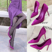 高跟鞋女2022年春秋季绒面性感，细跟法式紫色，名媛气质尖头单鞋