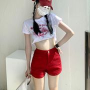 九月2024春夏美式性感辣妹红色牛仔短裤女修身提臀弹力热裤