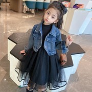 女童秋季套装2023韩版洋气，黑色连衣裙儿童，秋装牛仔外套两件套