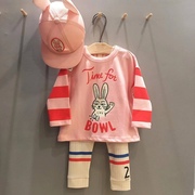 韩国童装ins风婴儿宝宝，女童粉色条纹，兔子t恤打底裤