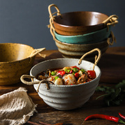 日式复古麻绳陶瓷碗创意双耳面碗汤碗沙拉碗水果碗家用菜碗