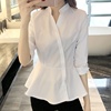 白色衬衫女韩版春装2024女装收腰v领心机上衣设计感小众衬衣