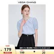vegachang格子衬衫女2024年夏季设计感蓝白格娃娃，领短袖上衣