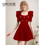 茬客2024夏季连衣裙女法式复古风减龄泡泡袖，方领气质优雅红色短裙