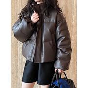 黑色pu皮衣棉服女2023年秋冬季韩版短款小个子，立领面包服外套厚