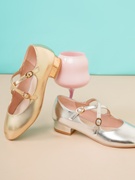 女童水晶鞋儿童公主皮鞋金色舞蹈鞋礼服演出单鞋小女孩软底高跟鞋