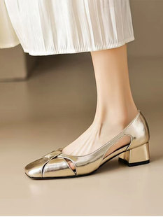 法式晚风单鞋粗跟方头中跟银色镂空浅口气质小高跟百搭秋鞋女