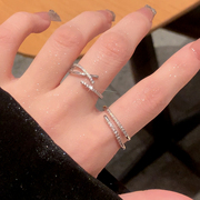 银町冷淡风双层钻戒指，女小众设计锆石开口素圈对戒食尾戒女小指环