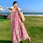 水墨印花吊带连衣裙女夏季泰国巴厘岛海边度假露背长裙三亚沙滩裙