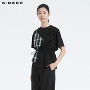 sdeer圣迪奥T恤夏装设计感格纹拼接收腰黑色短袖上衣女S22260129