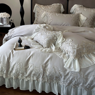 简约气质灰色四件套法式蕾丝全棉100S长绒棉床上用品纯棉床单被套