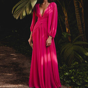 欧美灯笼袖开叉海边度假裙玫红色波西米亚沙滩裙泰国度假连衣裙