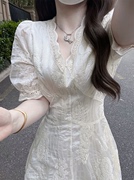 长裙女夏季茶歇法式绝美气质小个子海边度假白色蕾丝仙女连衣裙子